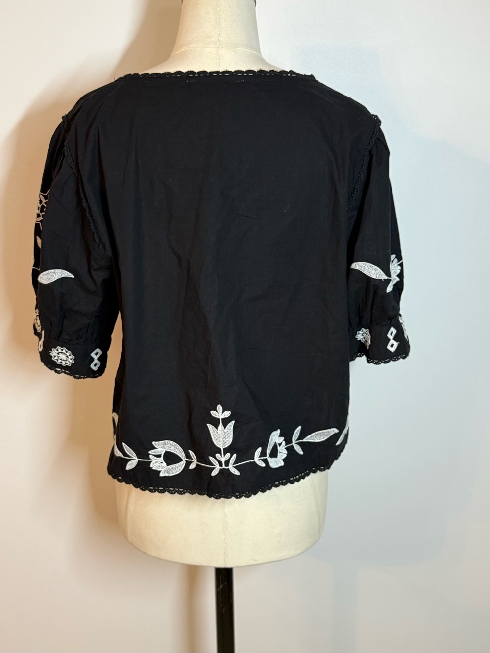 Black Embroidered Tie-Front Peasant Blouse - Picture 3 of 7